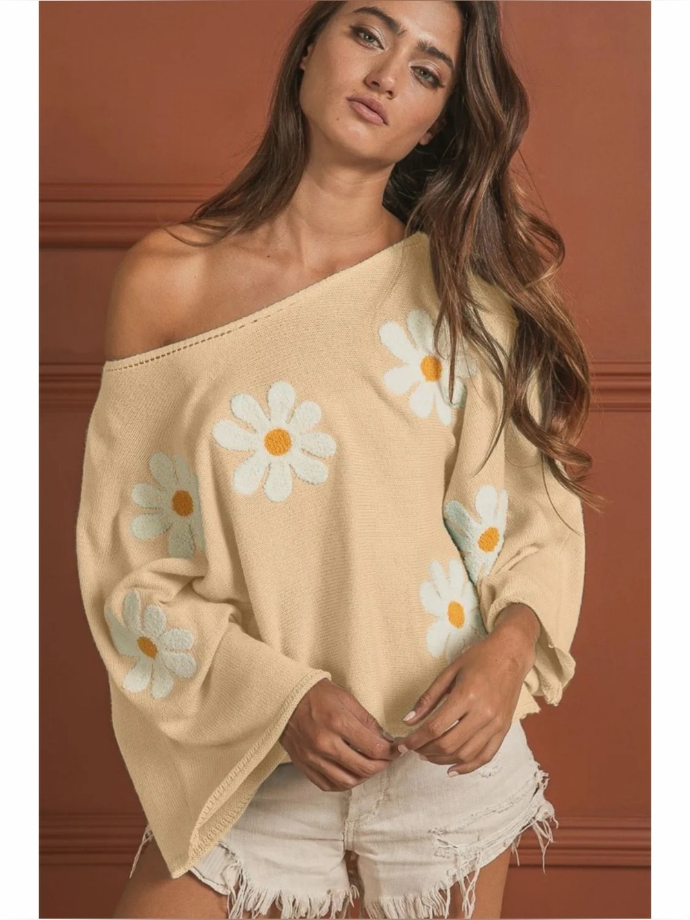 BiBi Oatmeal Daisy Loose Fit Knit Top